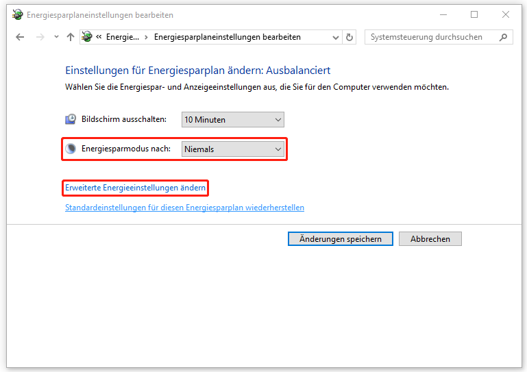 setzen Sie die Option „Energiesparmodus nach“ auf „Niemals“