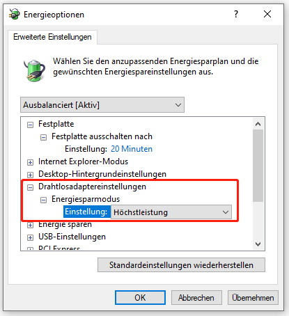 wählen Sie „Höchstleistung“ im Fenster „Energieoptionen“ aus