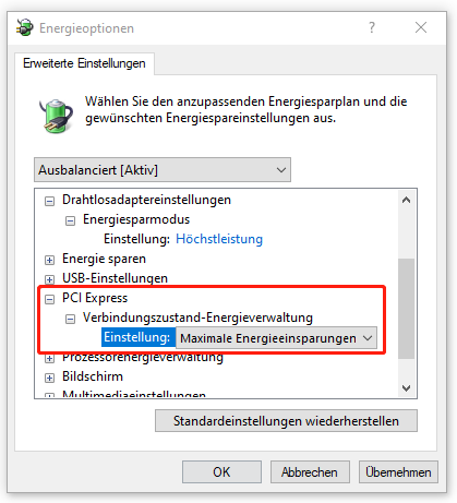 „Maximale Energieeinsparungen“ aus dem Dropdown-Menü auswählen
