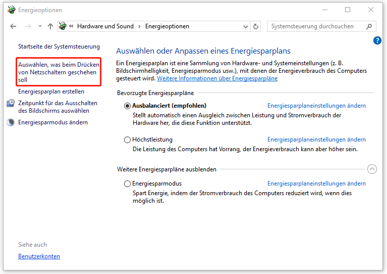 klicken Sie im Fenster „Energieoption“ links auf „Auswählen, was beim Drücken…“
