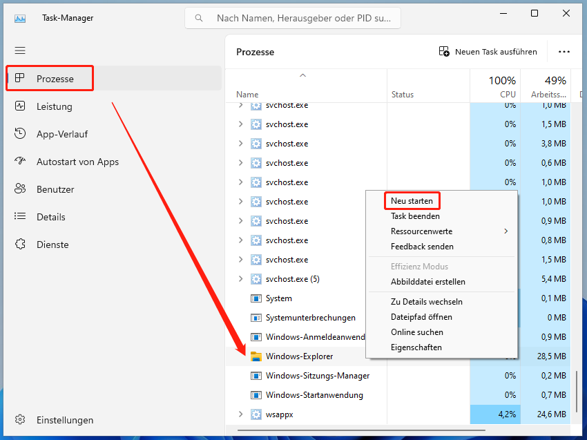 Windows Explorer neu starten, indem Sie mit der rechten Maustaste darauf klicken und „Neu starten“ wählen