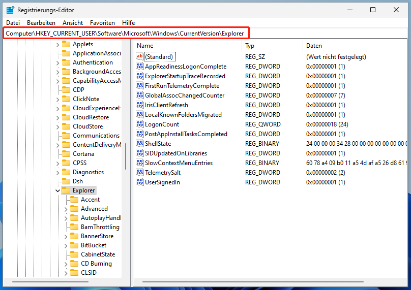 navigieren Sie zum Pfad „HKEY_CURRENT_USER\Software\Microsoft\Windows\CurrentVersion\Explorer“