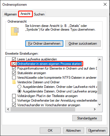 „Ordnerfenster in einem eigenen Prozess starten“ in den Ordnereinstellungen aktivieren