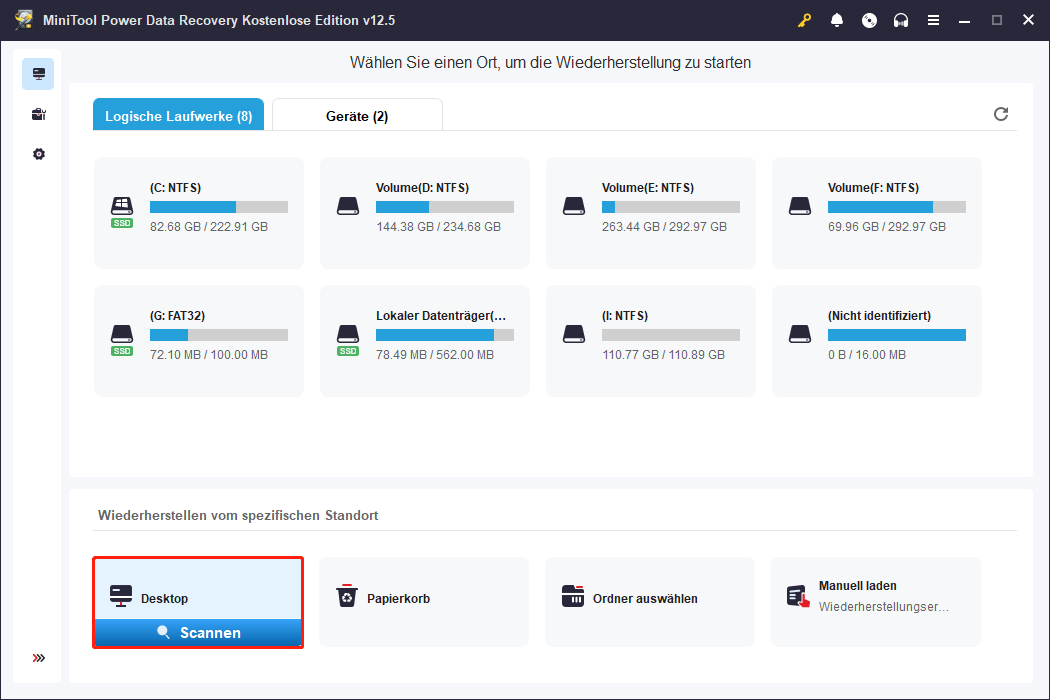 Den Desktop auswählen, um nach Dateien in MiniTool Power Data Recovery zu scannen