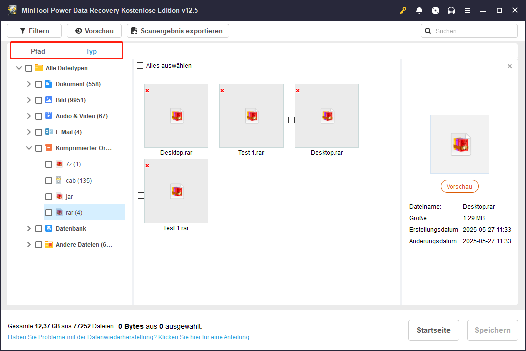 Ansicht Pfad und Typ in MiniTool Power Data Recovery