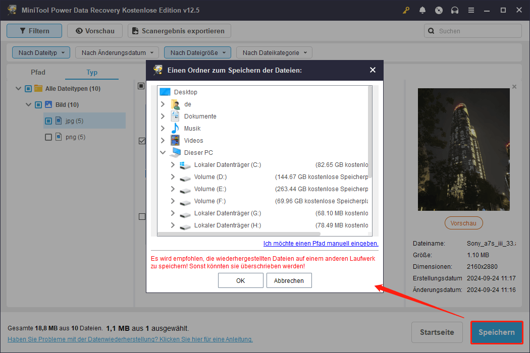 Die gewünschten Dateien an einem sicheren Ort in MiniTool Power Data Recovery speichern