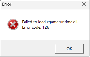 vollständige Fehlermeldung von „xgameruntime.dll konnte nicht geladen werden“