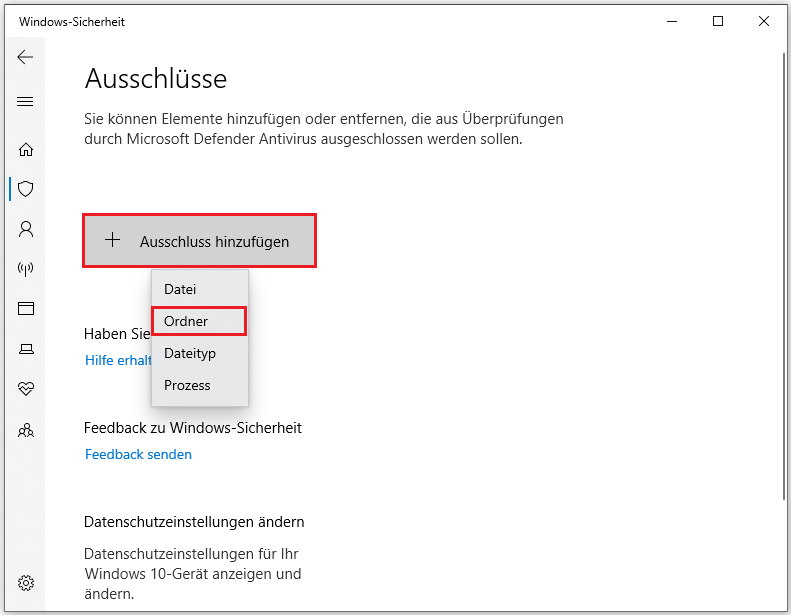 klicken Sie in der Windows-Sicherheit auf „Ausschluss hinzufügen“, um einen Spielordner hinzuzufügen