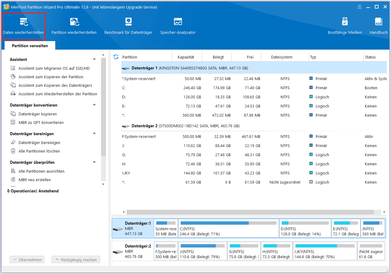Klicken Sie auf Daten wiederherstellen in MiniTool Partition Wizard
