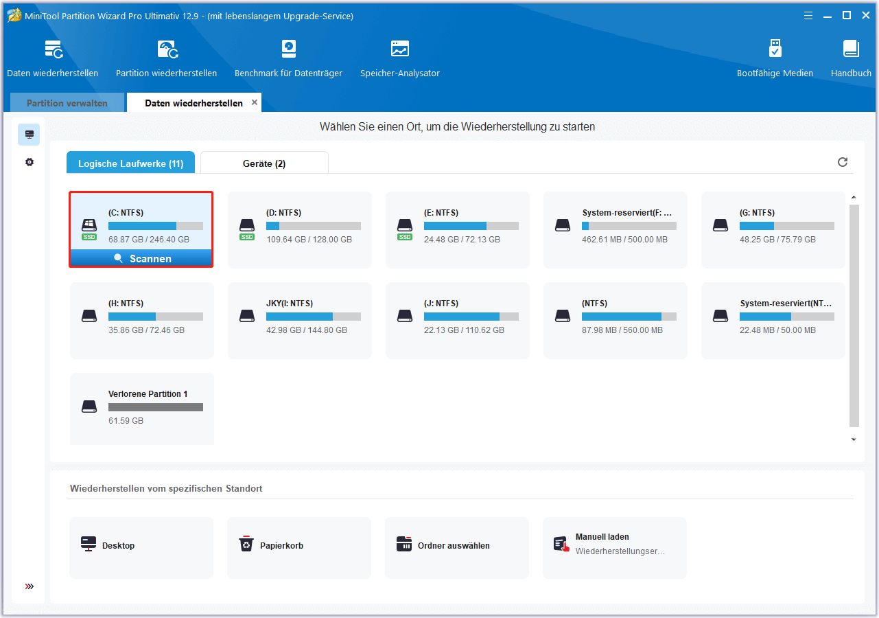 Klicken Sie auf Scannen in MiniTool Partition Wizard