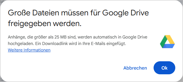 Warnmeldung von Gmail, wenn Sie große Dateien anhängen