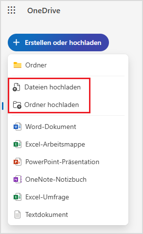 zum Hochladen von Dateien in OneDrive klicken Sie oben link auf das Plus-Symbol und dann auf „Dateien hochladen“ oder „Ordner hochladen“