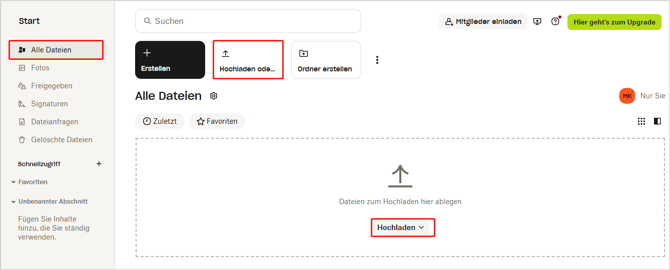 Dateien in Dropbox hochladen, indem Sie auf „Hochladen oder ablegen“ oder „Hochladen“ klicken