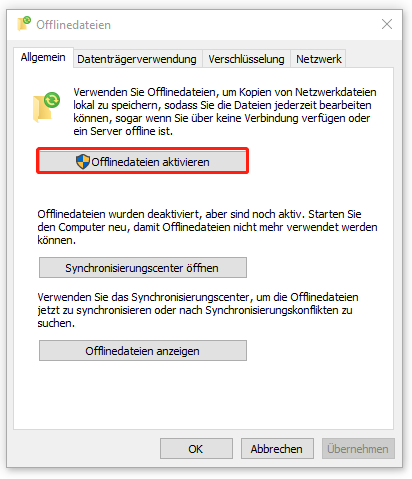 Im Fenster „Offlinedateien“ klicken Sie auf „Offlinedateien aktivieren“