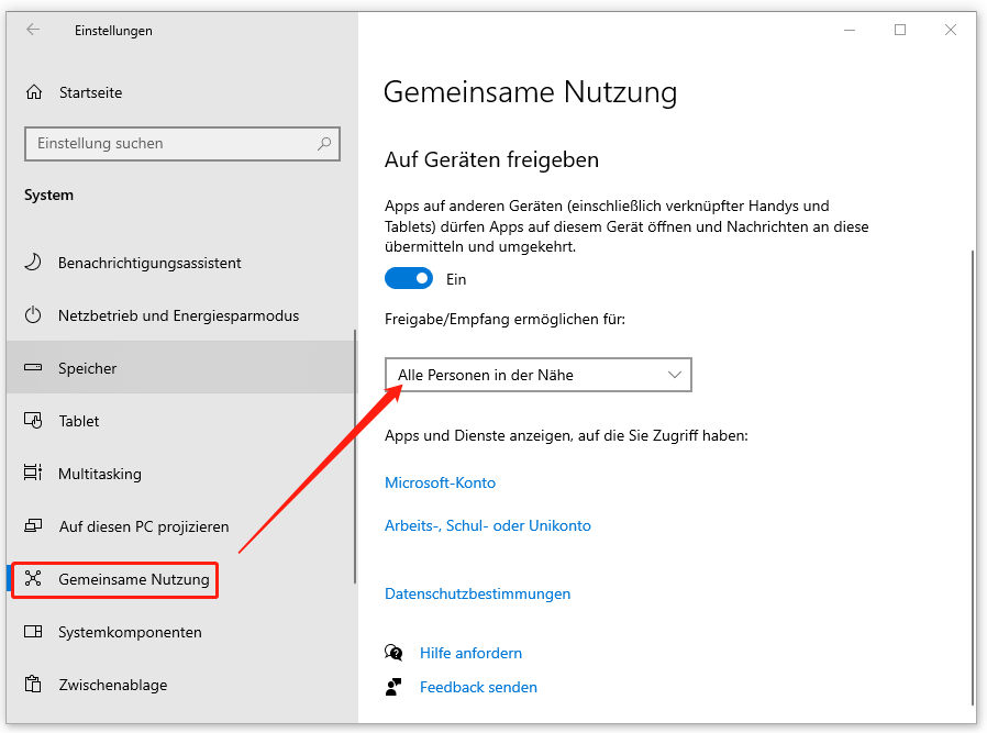 „Alle Personen in der Nähe“ aus dem Dropdown-Menü in „Gemeinsame Nutzung“ auswählen