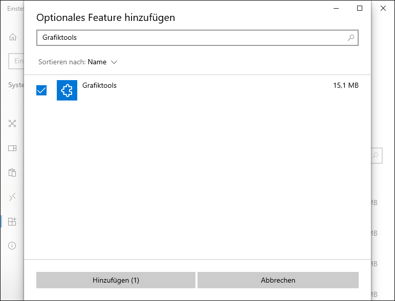 Geben Sie Graphics Tools in das Suchfeld ein und aktivieren Sie das Kontrollkästchen dieses Features.