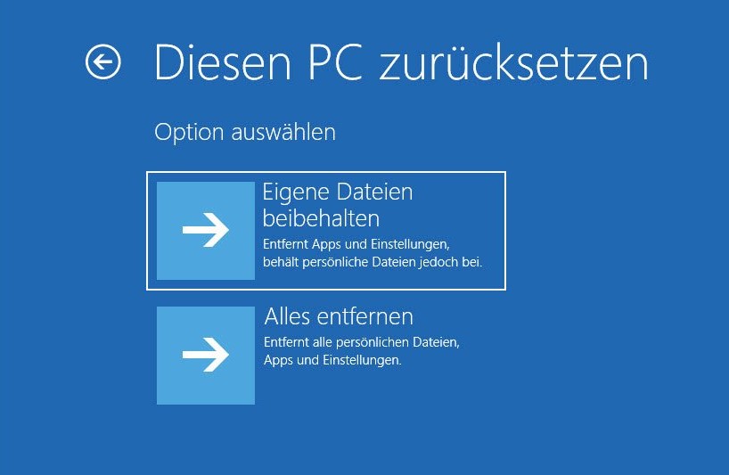 ALT5 „Alles entfernen“ beim Zurücksetzen des PCs auswählen