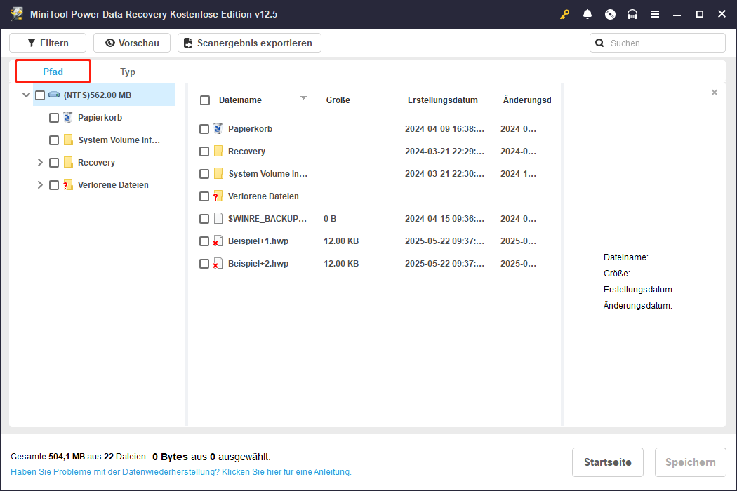Verwenden Sie "Pfad" und "Suchen", um Ihre HWP-Dateien in MiniTool Power Data Recovery zu finden.