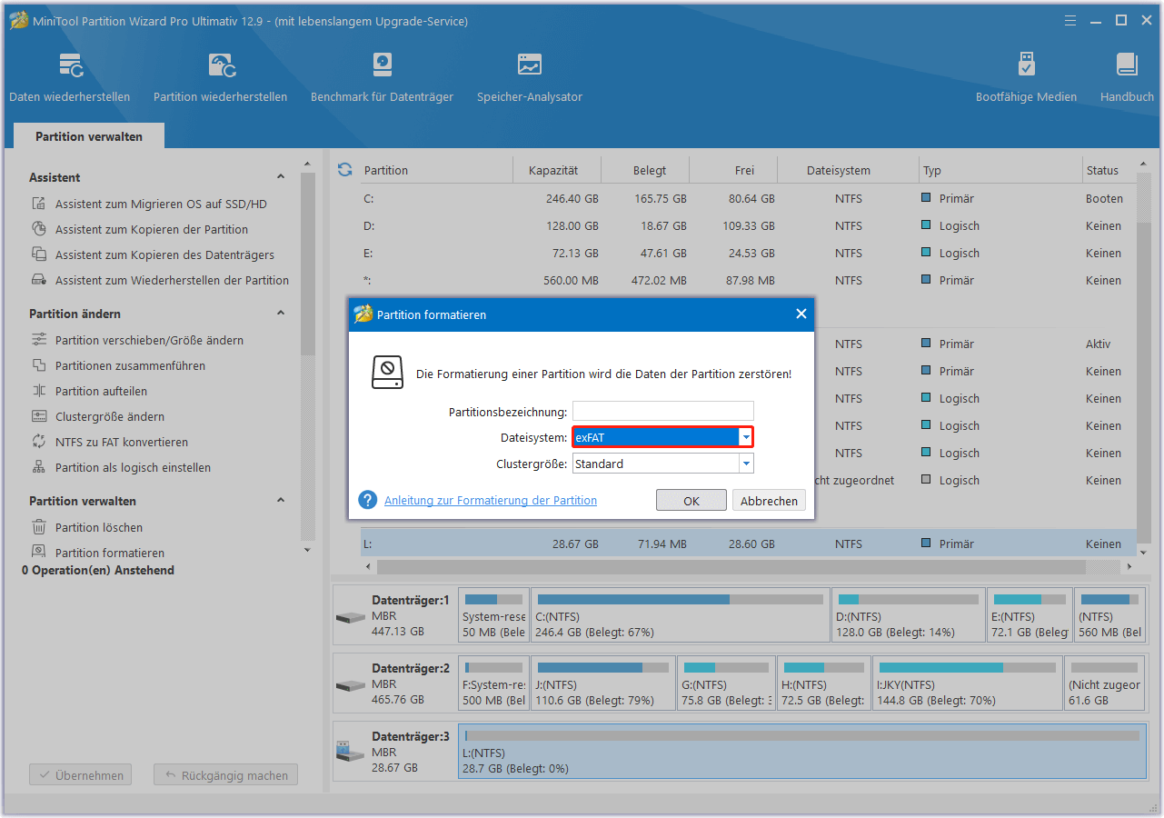 exFAT-Dateisystem für die SD-Karte der Insta360-Kamera in MiniTool Partition Wizard wählen
