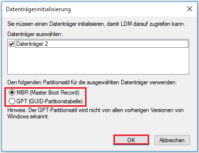 neue SSD in der Datenträgerverwaltung initialisieren und einen Partitionsstil auswählen