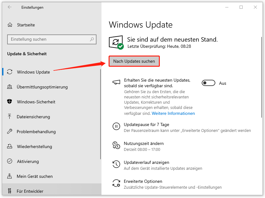 Klicken Sie in der Einstellungen-App auf „Nach Updates suchen“, um nach Windows-Updates zu suchen