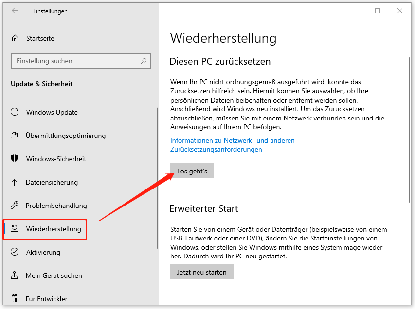 klicken Sie in den Windows-Einstellungen unter „Diesen PC zurücksetzen“ direkt auf „Los geht’s“