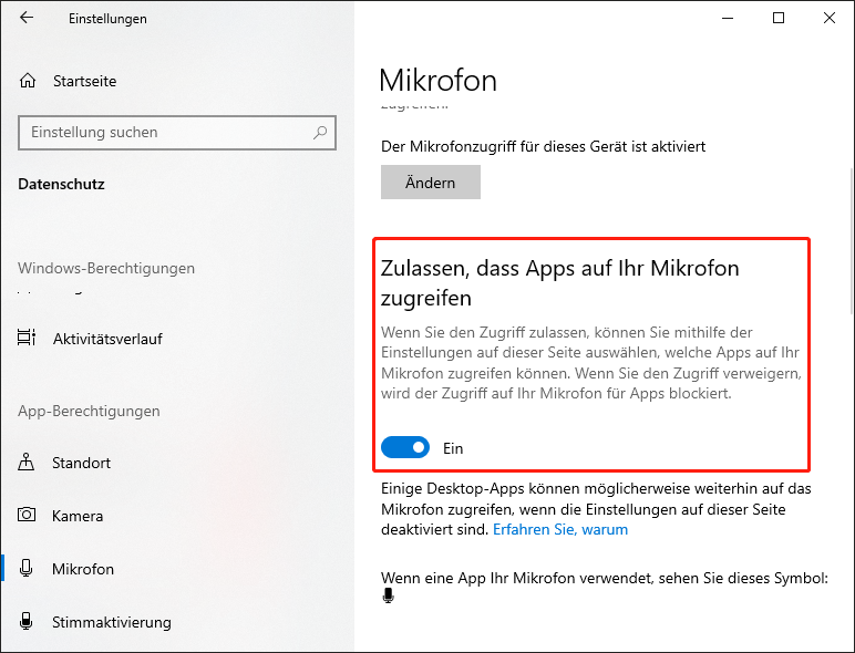 Schalten Sie den Schalter „Zulassen, dass Apps auf Ihr Mikrofon zugreifen“.