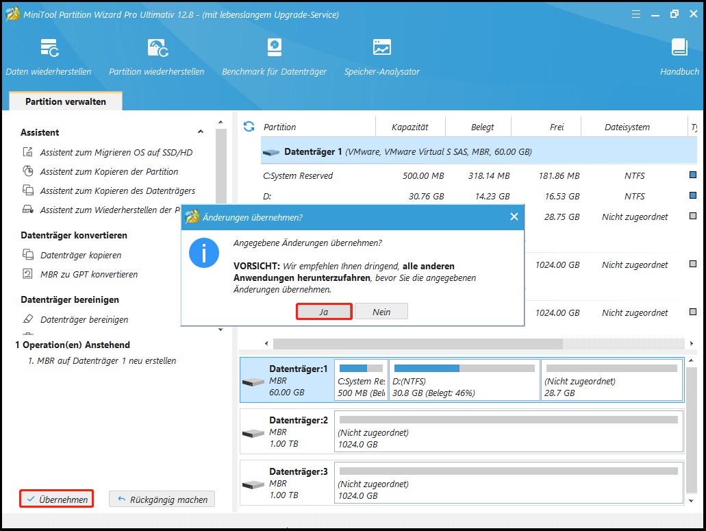 klicken Sie auf Übernehmen und Ja in MiniTool Partition Wizard