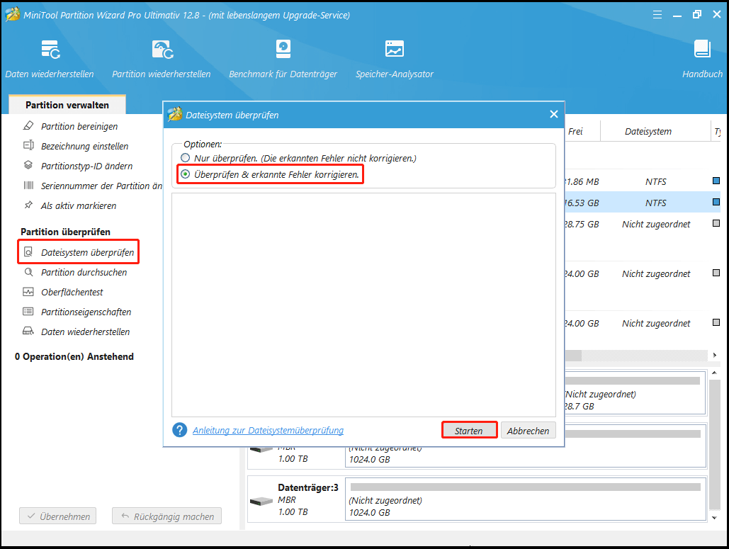 Verwenden Sie die Funktion Dateisystem überprüfen von MiniTool Partition Wizard
