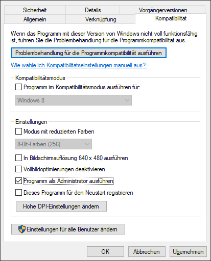 Aktivieren Sie die Option Programm als Administrator ausführen und speichern Sie die Änderung