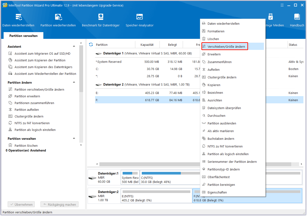 Wählen Sie verschieben/verkleinern in MiniTool Partition Wizard
