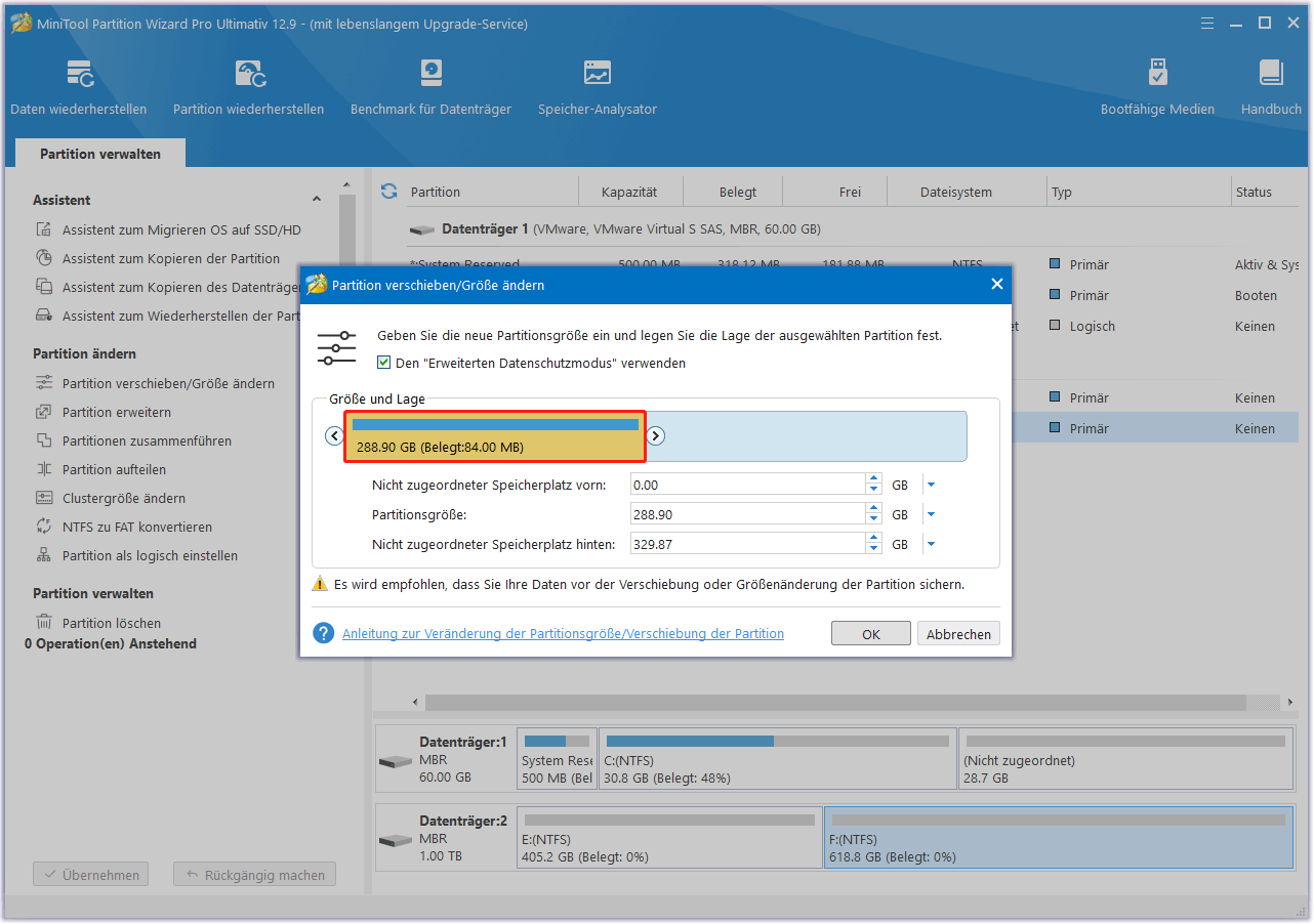 Verschieben oder Ändern der Größe einer Partition mit MiniTool Partition Wizard