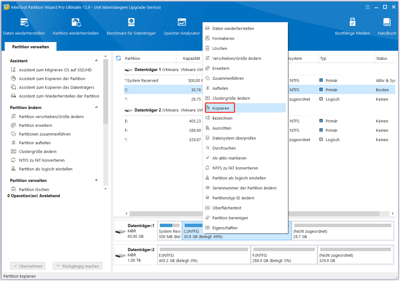 Wählen Sie Kopieren in MiniTool Partition Wizard