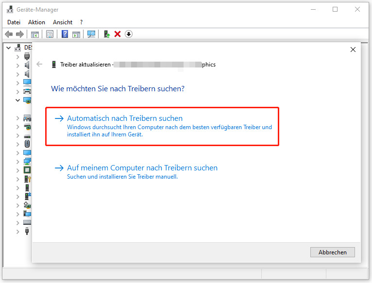 klicken Sie auf „Automatisch nach Treibern suchen“, um Grafikkarte über den Geräte-Manager zu aktualisieren
