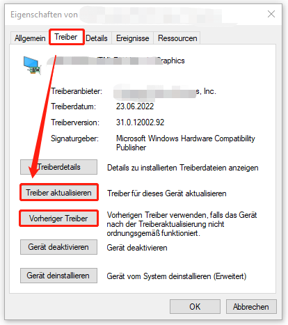 GPU aktualisieren oder zurücksetzen, indem Sie im Geräte-Manager entweder auf „Treiber aktualisieren“ oder auf „Vorheriger Treiber“ klicken