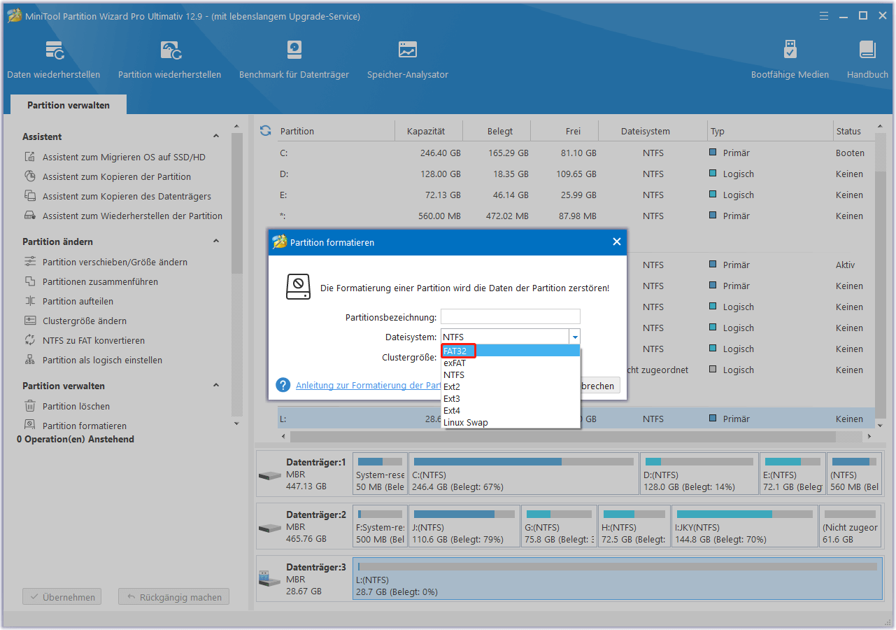 FAT32-Dateisystem für microSD-Karte in MiniTool Partition Wizard wählen