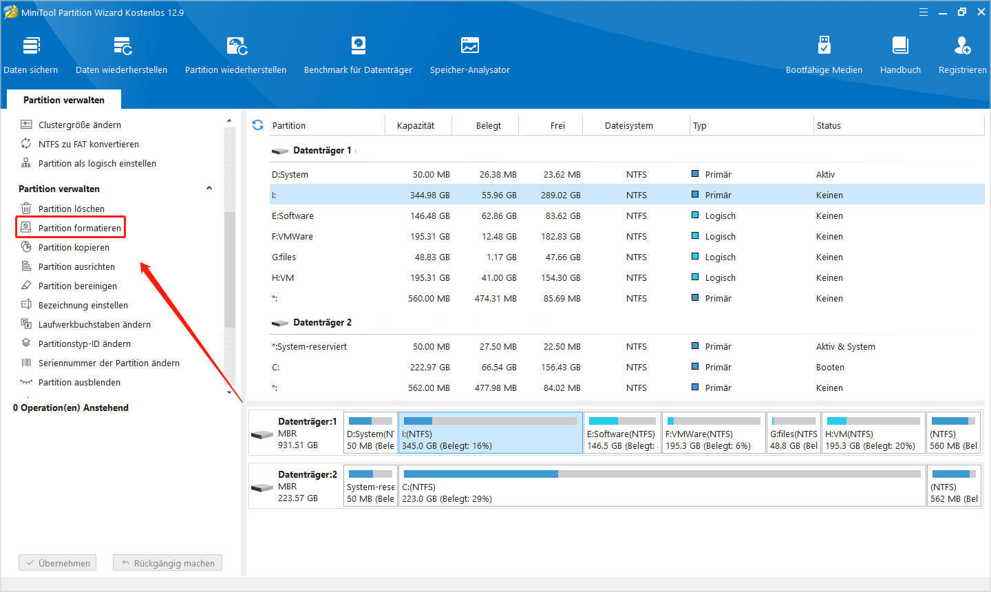 wählen Sie in MiniTool Partition Wizard die Funktion „Partition formatieren“ aus