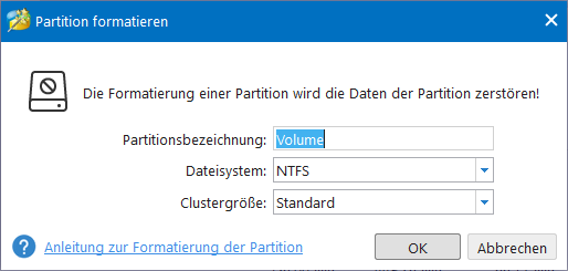 Bezeichnung, Dateisystem sowie Clustergröße im Fenster „Partition formatieren“ auswählen