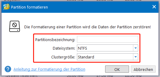 klicken Sie in MiniTool Partition Wizard auf die Funktion „Partition formatieren“ und geben Sie im Popup-Fenster die erforderlichen Informationen ein