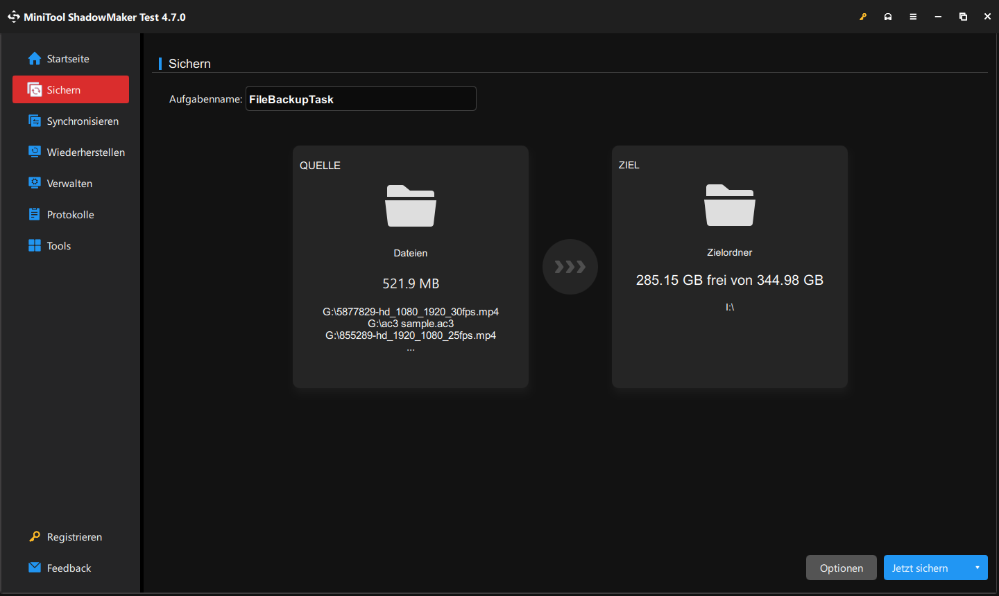 Quelle und Ziel in MiniTool ShadowMaker für Video-Backups auswählen