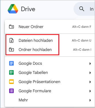 klicken Sie in Google Drive auf „Neu“ und dann auf „Dateien hochladen“, um Videos hochzuladen