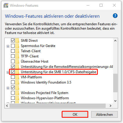 aktivieren Sie im Fenster „Windows-Features“ die Option „Unterstützung für die SMB 1.0/CIFS-Dateifreigabe“
