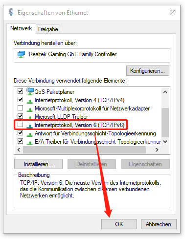 Element „Internetprotokoll, Version 6 (TCP/IPv6)“ deaktivieren
