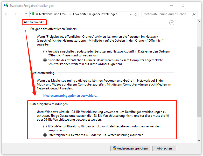 entweder 128-Bit-Verschlüsselung oder die 40- oder 56-Bit-Verschlüsselung für die Dateifreigabeverbindungen aktivieren