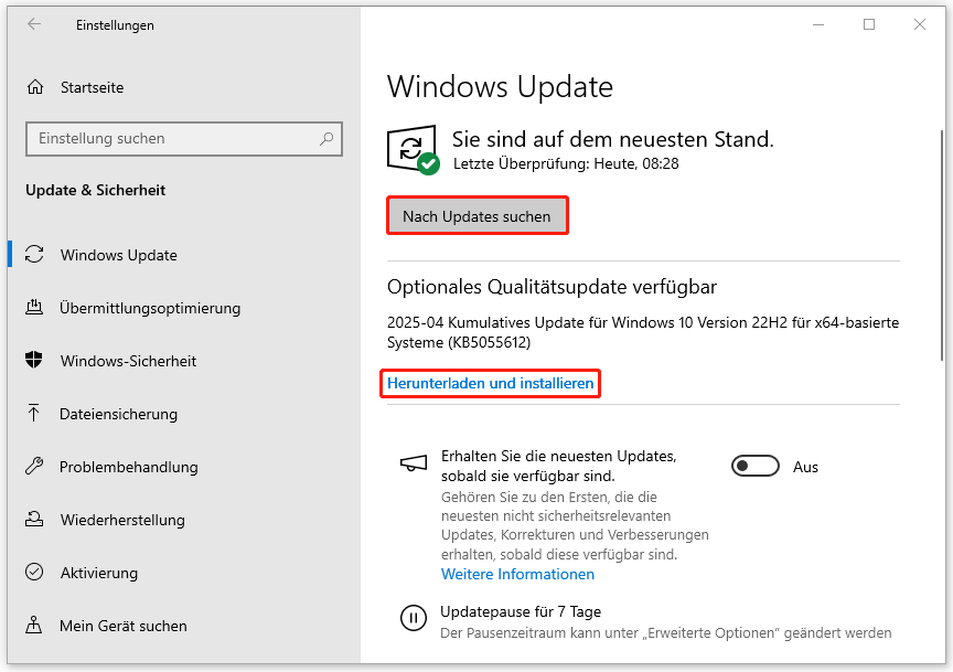 zum Upgrade von Windows auf die neueste Version klicken Sie in den Einstellungen auf „Nach Updates suchen“ oder auf „Herunterladen und installieren“