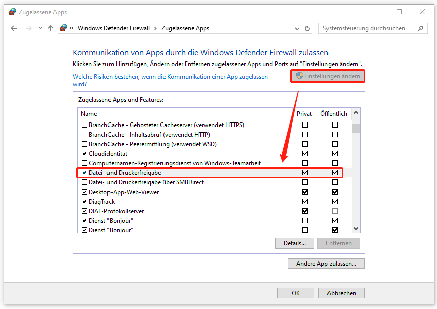 Datei- und Druckerfreigabe durch die Windows Defender Firewall zulassen
