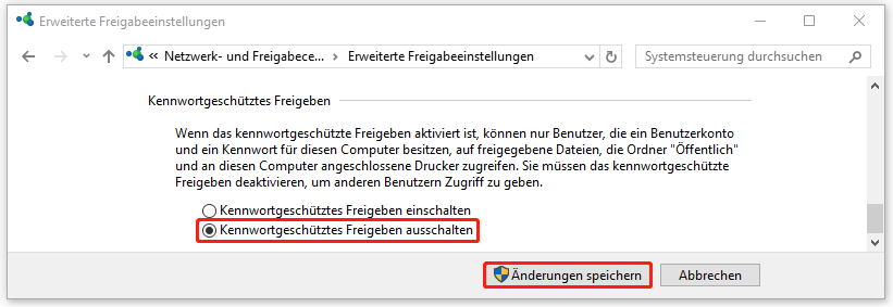 Option „Kennwortgeschütztes Freigeben ausschalten“ im Netzwerk- und Freigabecenter aktivieren