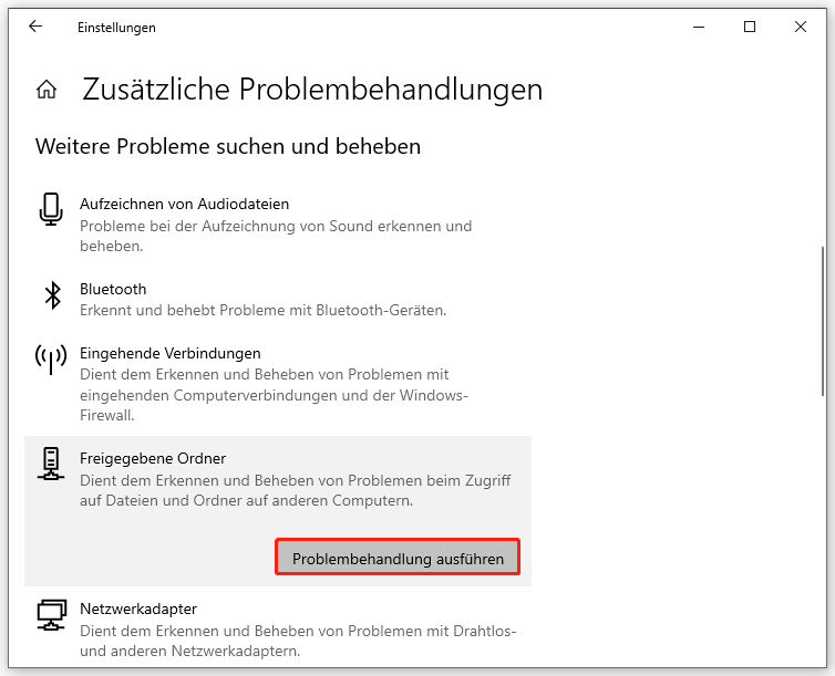 Windows-Problembehandlung für freigegebene Ordner ausführen