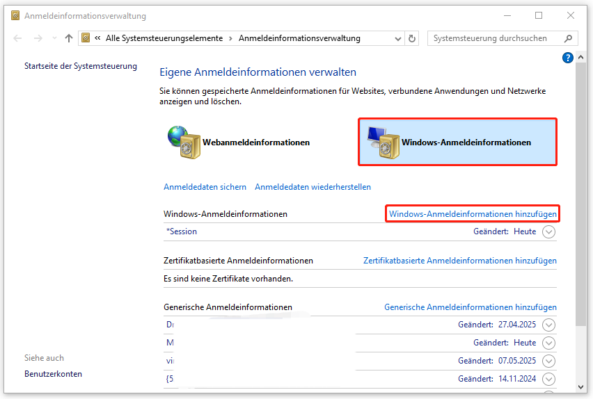 klicken Sie in der Anmeldeinformationsverwaltung auf „Windows-Anmeldeinformationen hinzufügen“