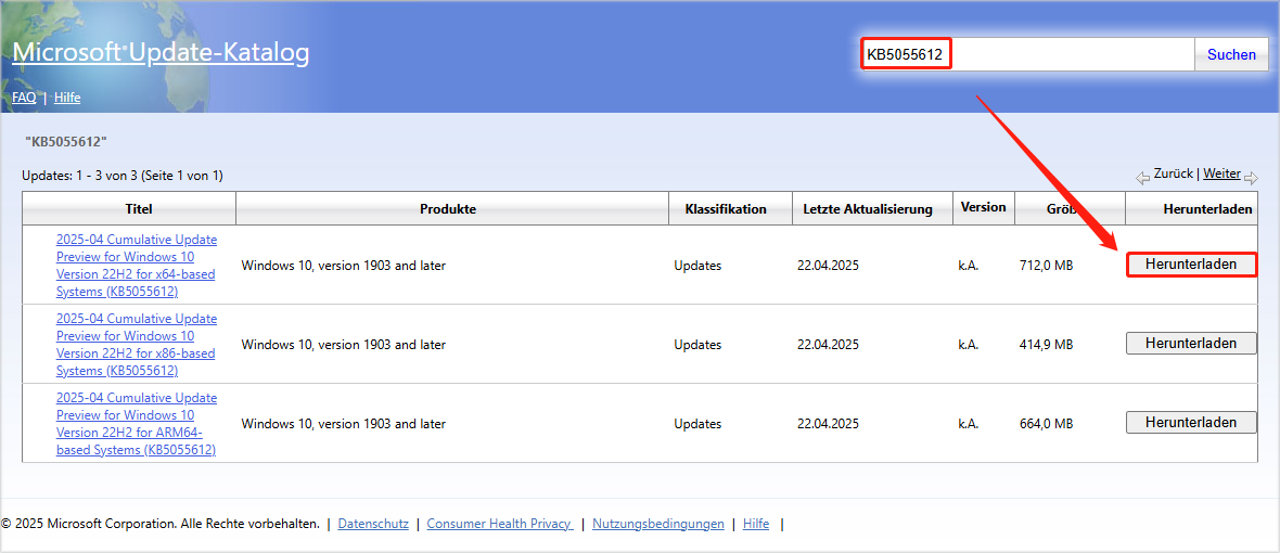 auf „Herunterladen“ klicken, um KB5055612 über den Microsoft Update-Katalog herunterzuladen